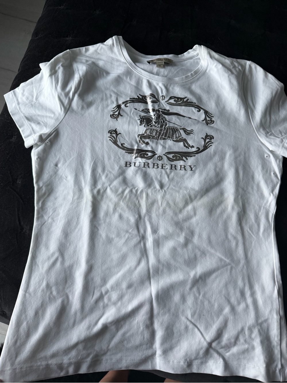 Burberry White Tee with Grey Equestrian Crest